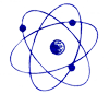 A blue atom with four orbits around it.